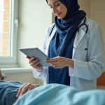 1741593378a_female_nurse_wearing_a_navy_blue_maghnaeh_and_a_white_coat_stands_beside_a_patients_bed_in_a_hosp_usm8yfsgbpa7kl8n59gs_3